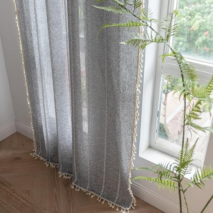 Sutuo Home Boho Curtain for Bedroom Living Room Kitchen, Semi Blackout Linen Farmhouse Shabby Chic Tassels Window Treatment Bohemian Embroidery Drape, Rod Pocket 1 Panel 52" W x 96" L, Black Grey