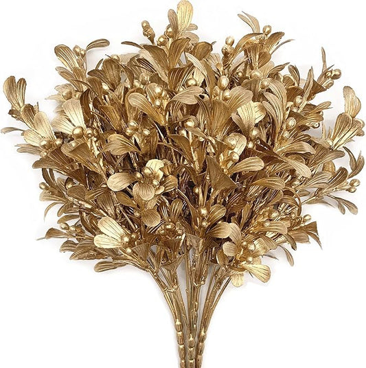 Christmas Artificial Flowers, Golden Leaves Branches Plants Fake Berry Plant Decor for Wedding Bridal Bouquet Party Indoor Outdoor DIY Home Table Centerpieces Arrangements Decoration - Gold 3 Pack