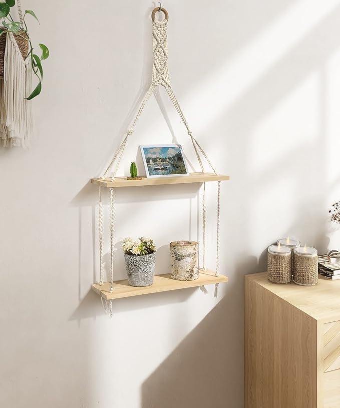 Afuly Macrame Wall Hanging Shelf Boho Floating Shelves Cotton Rope Rustic Home Decor 2 Tiers Plant Hanger Photo Display Tissue Towel Storage Organizer for Living Room Bedroom Bathroom Hallway, Beige