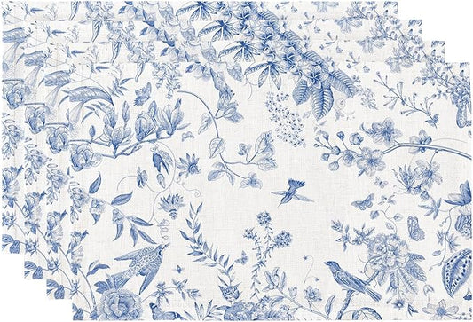 QIYI Boho Placemats Set of 4, 12x18 Inch Linen Fabric Place Mats for Kitchen Dinning, Farmhouse Rustic Floral Cloth Table Mats, Washable Placemat Botanical Party Table Décor, Blue Garden