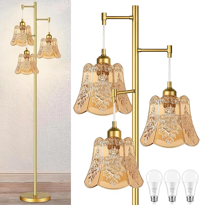 Gold Floor Lamp for Living Room,Bedroom,Mid Century Modern Standing Lamp Brass Tree 3 Light Tall Floor Lamps Vintage Retro Floor Lights Glass Green Flower Lamp Shade Farmhouse Boho Bohemian