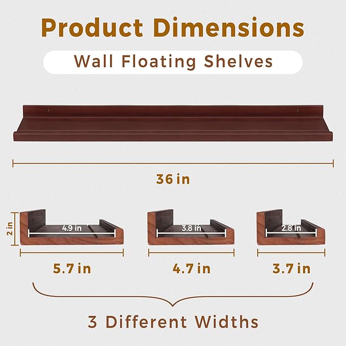 Annecy Floating Shelves Set of 3, 36 Inch Dark Walnut Solid Wood Shelves for Wall, Wall Storage Shelves with Lip Design for Bedroom, Bathroom, Kitchen, Office, 3 Different Sizes