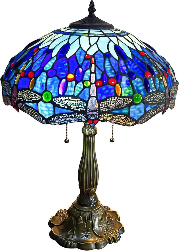 KY&BOSAM Tiffany Dragonfly Table Lamp Tiffany Style Table lamp Stained Glass Style Desk Lamps 24 Inch Tall Glass 16 Inch Wide Lamp Shade Beside Lamp 2 Bulb Antique Zinc Base for Home Bedroom Decor