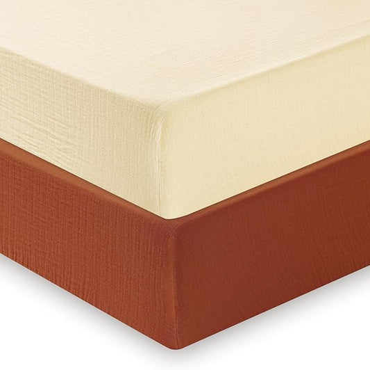 Muslin Crib Sheets for Boys Girls, 2 Pack 100% Cotton Soft Breathable Fitted Baby Sheet Set, 28x52 Inch Fits Standard Crib and Toddler Mattresses, Beige & Brown
