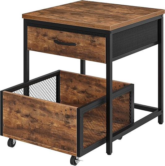 End Table, 19.7 Inch Square Side Table, Mini Fridge Stand with Storage, Nightstand with Mobile Basket Cart, for Living Room, Bedroom, Rustic Brown and Black TBZ55BF