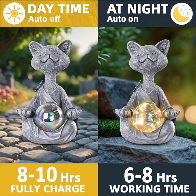Solar Garden Decor Statues 7" Resin Cat Figurines with Glass Ball Waterproof Cat Decor for Outside Yard Patio Porch Decoration Gift for Mom Grandma
