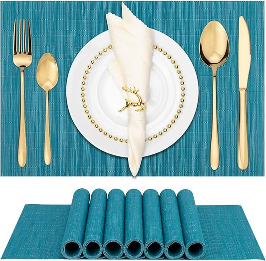 Winknowl Placemats, Washable Vinyl Woven Indoor and Outdoor Heat Stain and Water Resistant Elegant Table Mats for Dining Table Set of 8 (Blue)