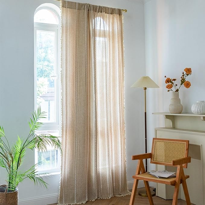 Sutuo Home Boho Curtains for Bedroom Living Room 90 Inch Length, Light Filtering French Country Farmhouse Vintage Shabby Chic Tassels Hollow Window Treatment Bohemian Drape 1 Panel 52"W x 90"L Natural