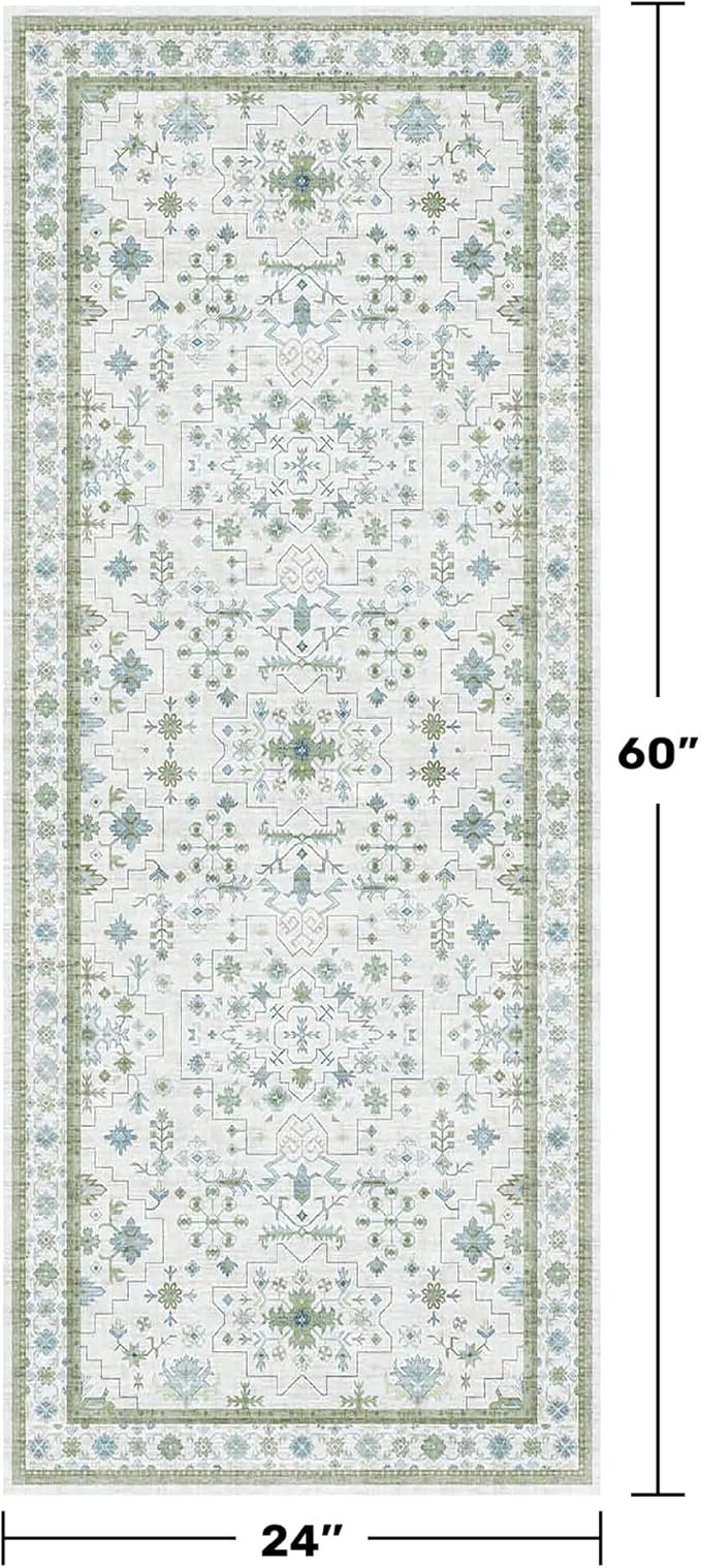 Cream Green and Blue Turkish Bathroom Runner 2x5 - Oushak Vintage Boho Floral Pastel, Washable Low Pile Non Slip Stain Resistant Small Throw Rug for Kitchen, Bedroom, Laundry