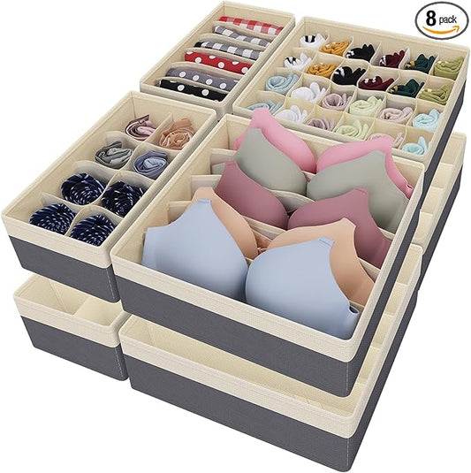 Drawer Organizer Divider, Foldable Closet Storage Organizer Basket, and Fabric Organization Bins for Clothes, Socks, Underwear, Bras, Ties, Accessories, 8 Pcs (Beige & Dark Grey)