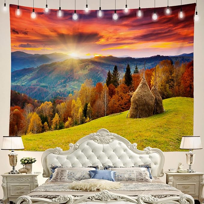 BaoNews Mountain Autumn Landscape Tapestry, Autumn Season Countryside Landscape Meadow Trees Large Wall Hanging Tablecloths Tapestry Bedroom Living Room Dorm 51.2 x 59.1 inches(Orange Wood Yellow)