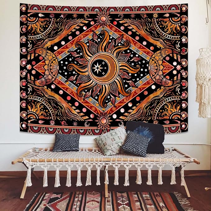 Lunerfex Hippie Sun and Moon Tapestry Bohemian Celestial Tapestry Aesthetic Tapestries for Bedroom and Living Room Decor Sun and Moon 44×60 Inches