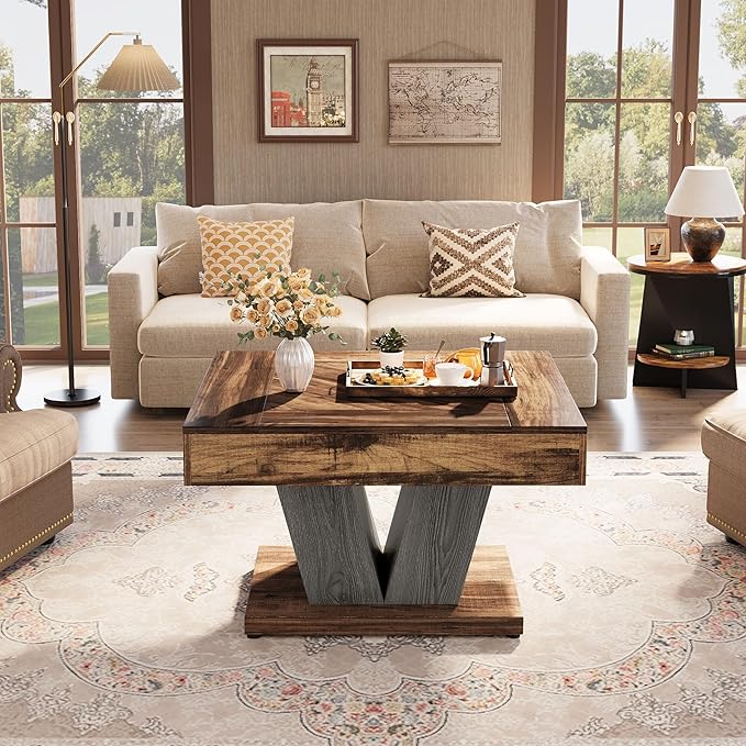 Tribesigns Square Coffee Table, Wood Center Table for Living Room, 31.5" Modern Cocktail Tea Accent Table, Rustic Brown & Black
