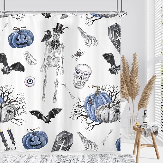 Skull Halloween Bat Shower Curtain 60Wx72L Inch Pumpkin Spooky Scary Skeleton Grave Blue Black Holiday Bathroom Set Accessories Decor Polyester Waterproof with 12 Pack Hooks