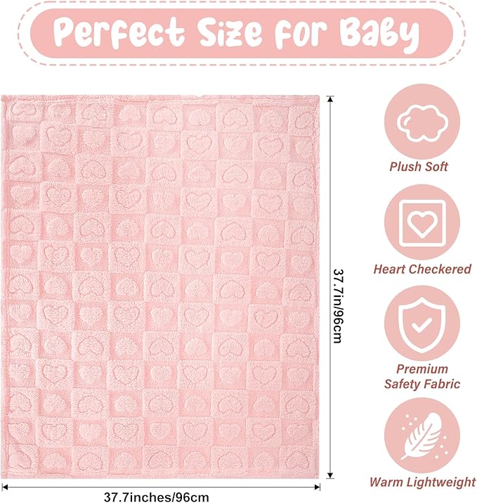 Plush Soft with Heart Checkered Baby Blanket,Fleece Infant Toddler Blankets for Girls Boys,Warm Lightweight Breathable Newborn Receiving Blankets for Crib Stroller 32"×37" (Light Pink, Heart)