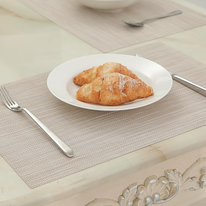 Leetaltree Beige White Placemats Set of 12 - Heat Resistant Non-Slip Place mats for Dining Table, Washable Durable PVC Vinyl Woven Table Mats（Beige White, 12）