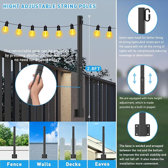 10 Pack 2.8Ft String Light Poles,Light Poles for Outside Lights,Outdoor with Fence Brackets Hanging Lights,Metal Stand Deck Patio Backyard
