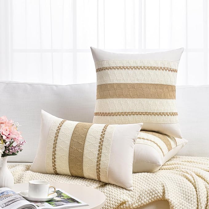 Fancy Homi Set of 2 Tan Neutral Decorative Throw Pillow Cover 16x16 Inch for Couch Bed Sofa, Aesthetic Modern Organic Farmhouse Boho Home Decor, Soft Cotton Cute Accent Macrame Woven Cushion Case