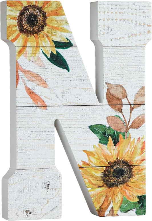 COLLECTIVE HOME - 10" Wood Lettes for Wall Decor, Sunflower Tabletop Alphabet Decoration, DIY Farmhouse Decor, Rustic Freestanding Monogram Block (N)