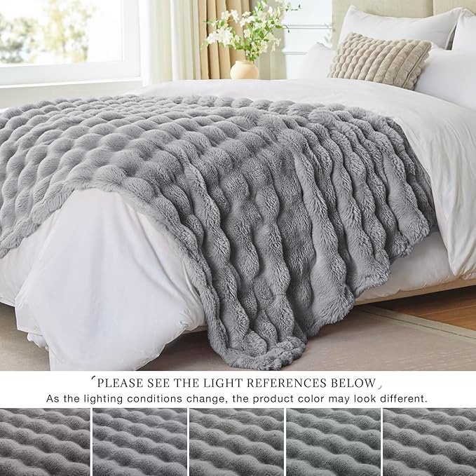 EXQ Home Rabbit Faux Fur Throw Blanket for Couch, Soft Fluffy Bubble Double Sided Plush Blanket, Cozy Thick Warm Fuzzy Decorative Blanket for Bed Chair Sofa Living Room, 50x60 Inches (Light Grey)