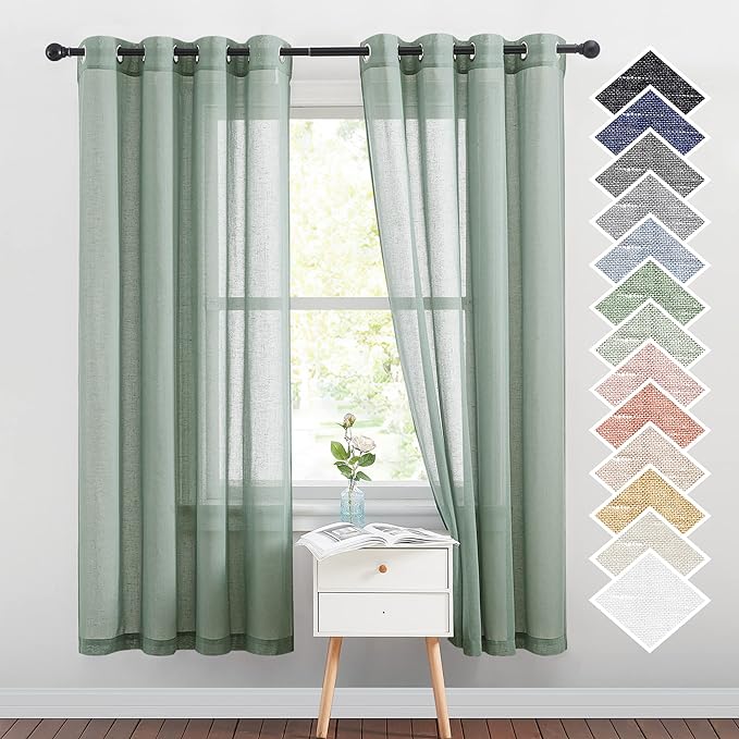 NICETOWN Linen Blend Flax Semi Sheer Window Curtains, Grommet Vertical Drapes Privacy with Light Through for Bedroom/Living Room, Olive Green, W52 x L72, 2 Pieces