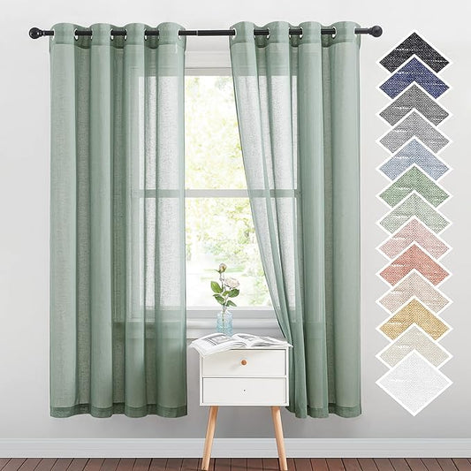 NICETOWN Linen Blend Flax Semi Sheer Window Curtains, Grommet Vertical Drapes Privacy with Light Through for Bedroom/Living Room, Olive Green, W52 x L72, 2 Pieces