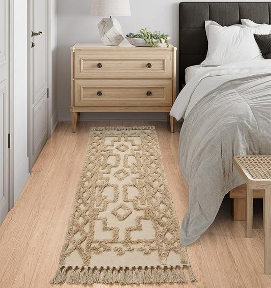 Uphome Boho Hallway Runner Rug 2' x 6', Khaki Cotton Washable Bathroom Rug Runner with Tassels, Hand Woven Tribal Kitchen Runners, Morrocan Accent Throw Carpet for Laundry Porch Bedroom Living Room