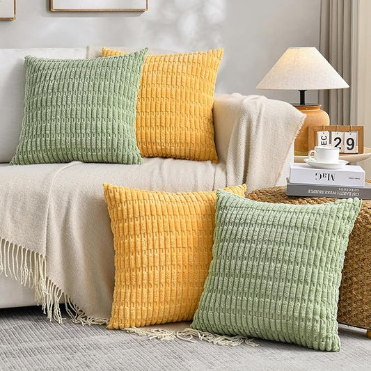Fancy Homi Set of 4 Spring Boho Decorative Throw Pillow Covers 16x16 Inch for Couch Bed Sofa, Sage Green Yellow Room Decor, Soft Fuzzy Fluffy Cozy Corduroy Textured Cushion Case 40x40cm