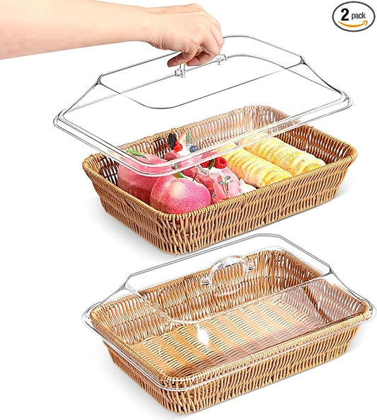 2 Set Wicker Bread Baskets for Serving with Acrylic Lids Woven Imitation Rattan Bread Basket Rectangular with Cover for World Baking Day Fruit Food Serving(13.78" X 9.84")