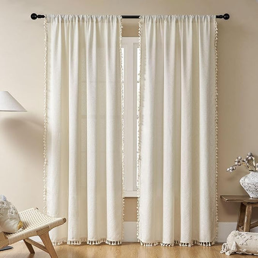 Joydeco Beige Boho Curtains 108 Inches Long 2 Panels, Super Soft Bohemian Farmhouse Curtains with Tassels, Semi Sheer Light Filtering Drapes for Bedroom Living Room (Rod Pocket, 52Wx108L)