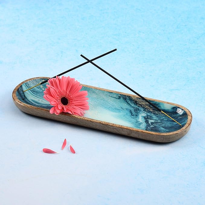 Folkulture Incense Holder for Sticks or Incense Burner | Insence-Stick Holder for Men or Her, Modern Ash Catcher or Insense for Table Décor, Wooden Incense Tray for Sticks, Mango Wood -12 Inches, Blue
