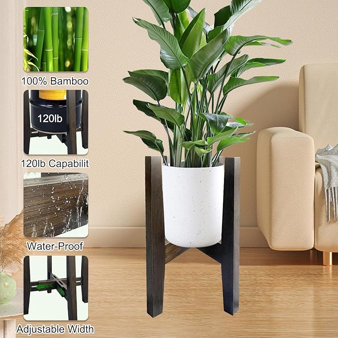 Adjustable Plant Stand Indoor Bamboo Mid Century Modern Plants Stand Corner Plants Flower Holders Single Floor Plant Stands- 8.2-11.8 in (Pot & Plant Not Included) (Tea, （8.2-11.8in）)
