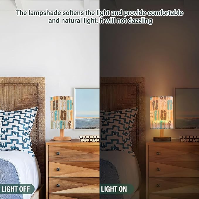Table Lamp Flip Flops Summer Pattern Nightstand Lamp with Wood Base Fabric Lamp Shade Bedside Desk Lamp for Living Room Bedroom Kids Room Office