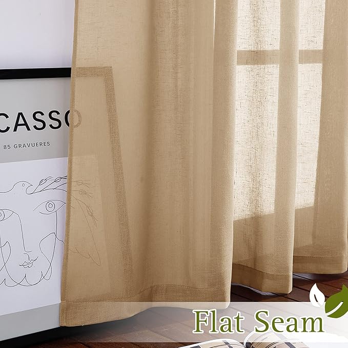 NICETOWN Sheer Linen Curtains Flax Texture 84 inch Length, Grommet Semi Sheer Window Treatments Privacy with Light Filtering Drapes for Bedroom/Living Room, Camel, W36 x L84, 2 Panels
