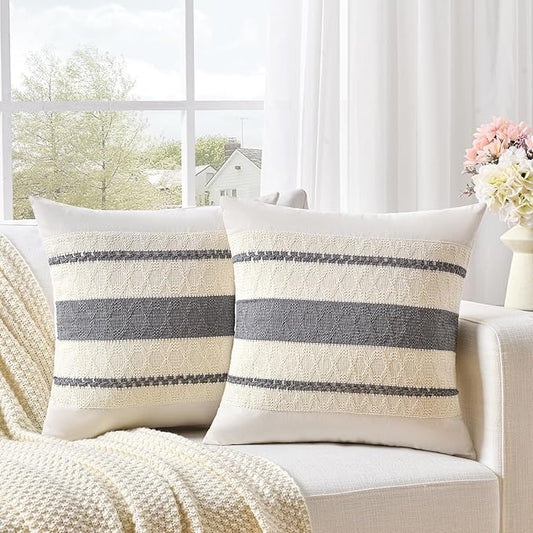 Fancy Homi Set of 2 Neutral Grey Farmhouse Euro Decorative Throw Pillow Covers 26x26 Inch for Couch Bed Chair, Vintage Country Rustic Retro Room Decor, Soft Thick Cotton Handmade Woven Cushion Case