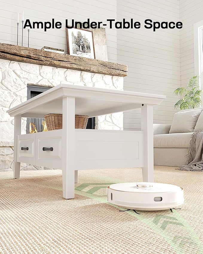Marsail Farmhouse Coffee Table with Storage, 39.4" Wood Coffee Table for Living Room, Rustic Center Table with 2 Drawers, Open Display Area, White