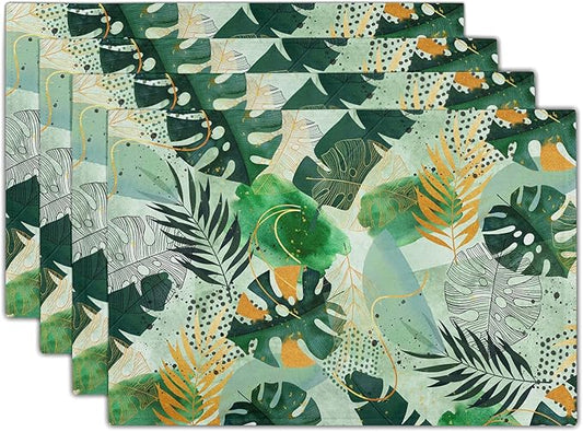Tropical Palm Leaves Place Mats Set of 4 Green Gold Leaf Summer Washable Heat Resistant Table Mats Linen Fabric Table Mat 12×18 Inch for Party Kitchen Dining Home Decor