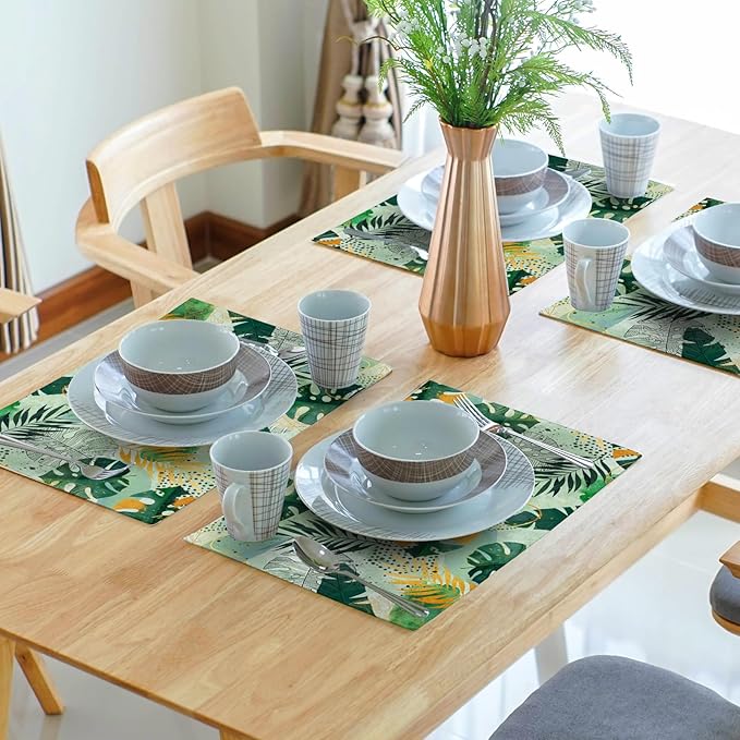 Tropical Palm Leaves Place Mats Set of 4 Green Gold Leaf Summer Washable Heat Resistant Table Mats Linen Fabric Table Mat 12×18 Inch for Party Kitchen Dining Home Decor