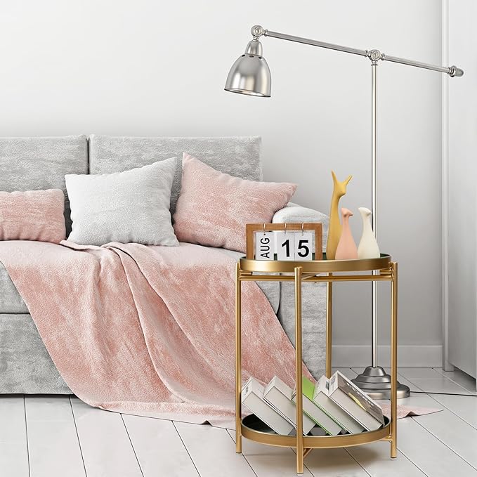 TeoKJ 2 Tier Gold Side Table, Folding Round Metal End Table Small Nightstand with Two Removable Tray for Bedroom Living Room Bedside Small Spaces Gold + Dark Green