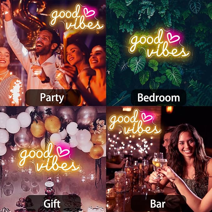Good Vibes Neon Signs for Wall Decor, Good Vibes Neon Lights 16x8inch, USB Operated Warm White LED Signs for Bedroom, Room, Wall Decor, Birthday Party, Wedding, Salon, Bar, Home, Girl Cave