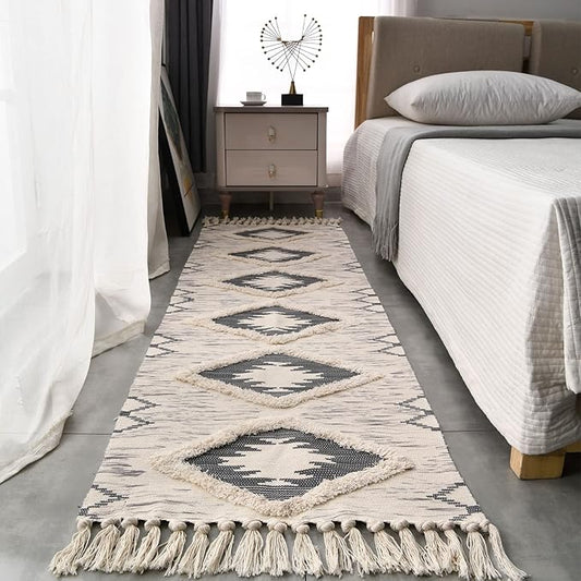 Boho Runner Rug 2'x6', Washable Hallway Rug Runner Non Slip Rubber Backed, Kitchen Farmhouse Area Rug Floor Mat with Tassels, Tufted Woven Cotton Entryway Carpet, Grey