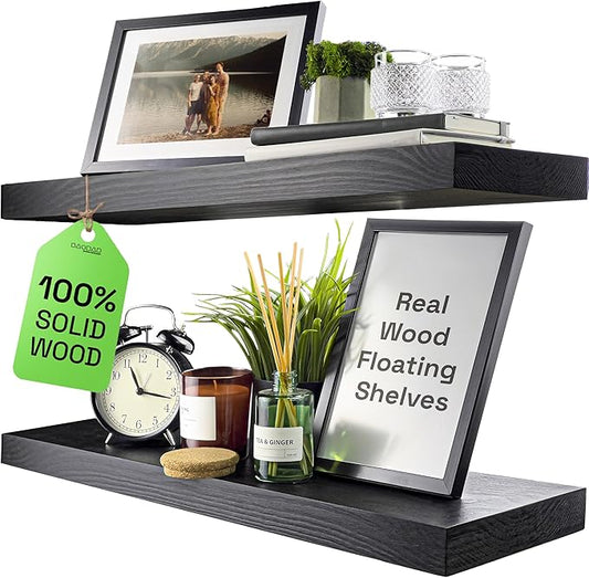 BAOBAB WORKSHOP Wood Floating Shelves for Bathroom Wall - Black Shelf 24 inch - Solid Wood Shelves for Wall for Bedroom Kitchen Living Room - Black Floating Shelves - 24 x 6.7 Inch, Set of 2