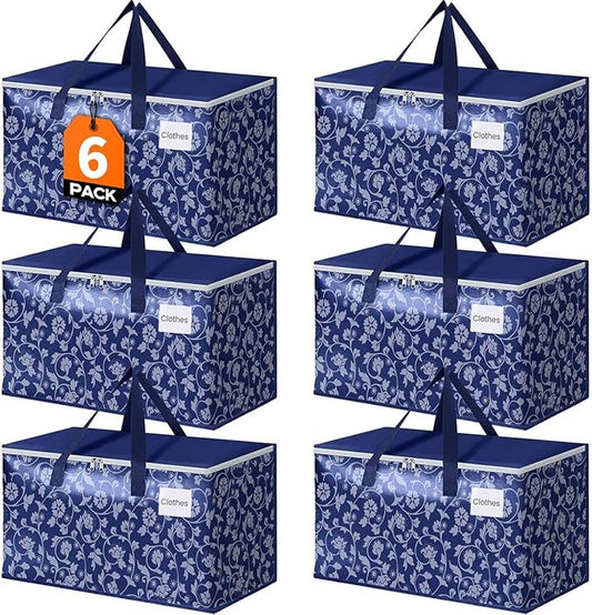 HomeHacks Moving Bags, Extra Large Size Moving Boxes, Heavy Duty Luggage Bags with Smooth Zipper and Sturdy Handles, Large Capacity & Easy Loading Storage Totes for Space Saver 88L, 6-Pack, Blue