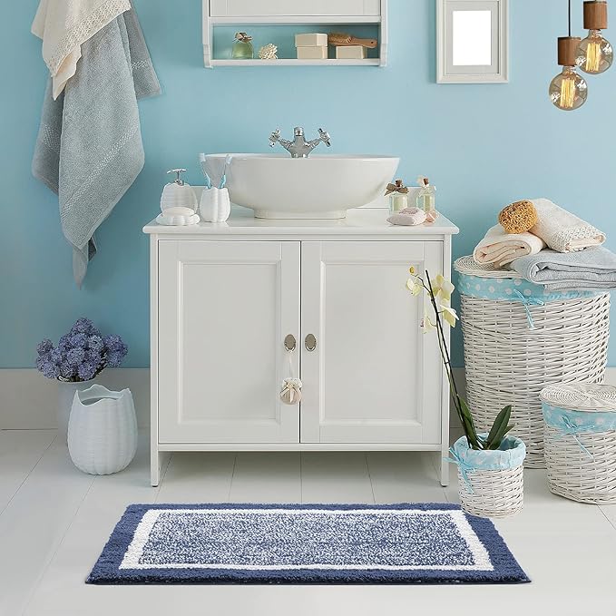 CozeCube Bath mats for Bathroom Non Slip, Fluffy Shaggy Bath Rugs for Bathroom Washable, Extra Soft and Absorbent Microfiber Bath Rugs for Shower Sink, Kitchen Sink, Navy Blue, 24" x 36"