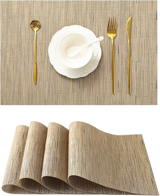 Leetaltree Light Brown Placemats Set of 4 - Heat Resistant Non-Slip Place mats for Dining Table, Washable Durable PVC Vinyl Woven Table Mats（Light Brown, 4）
