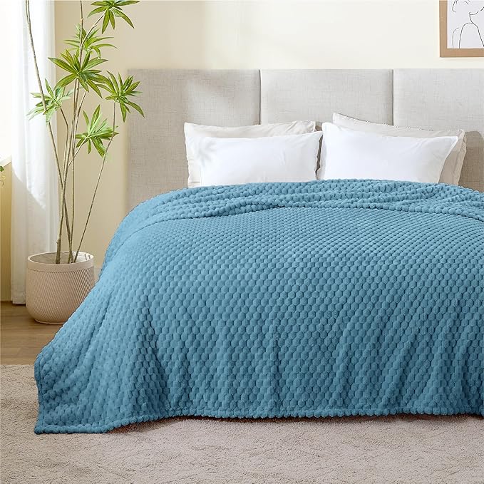 BEDELITE Fleece Blanket Twin for Bed Couch, 3D Jacquard Decorative Blue Throw, Soft Cozy Warm Plush Fuzzy, 60x80Inches