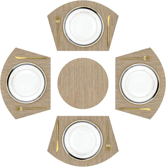 SHACOS Large Size Wedge Placemats with Centerpiece Mat Set of 5, PVC Woven Vinyl Placemats for Round Table Washable Indoor Outdoor Table Mats Reversible Durable, Tan