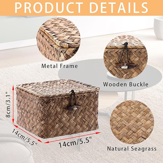 Hipiwe Seagrass Basket with Lid Wicker Storage Basket Square Handwoven Decorative Baskets Box for Shelf Multipurpose Household Baskets Home Decor,X-small