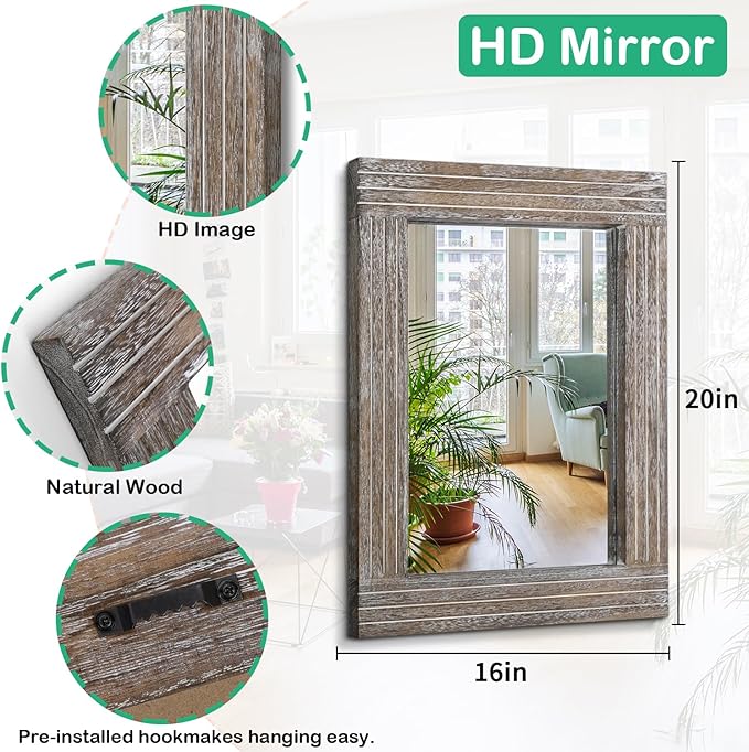 Mirrors for Wall Rustic Wooden Frame Rectangle Mirror Vintage Hanging Mirror for Bedroom Bathroom Living Room Farmhouse Wall Decor Large 20" x 16 "