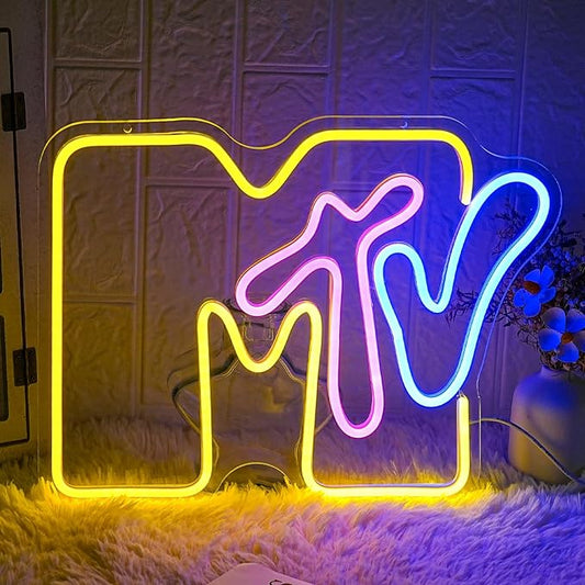 Neon Sign for Wall Decor - MTV Neon Light Up Sign Yellow LED Neon Light for Bedroom, Music Room, Record Room, Recording Studio, Bar Decoration